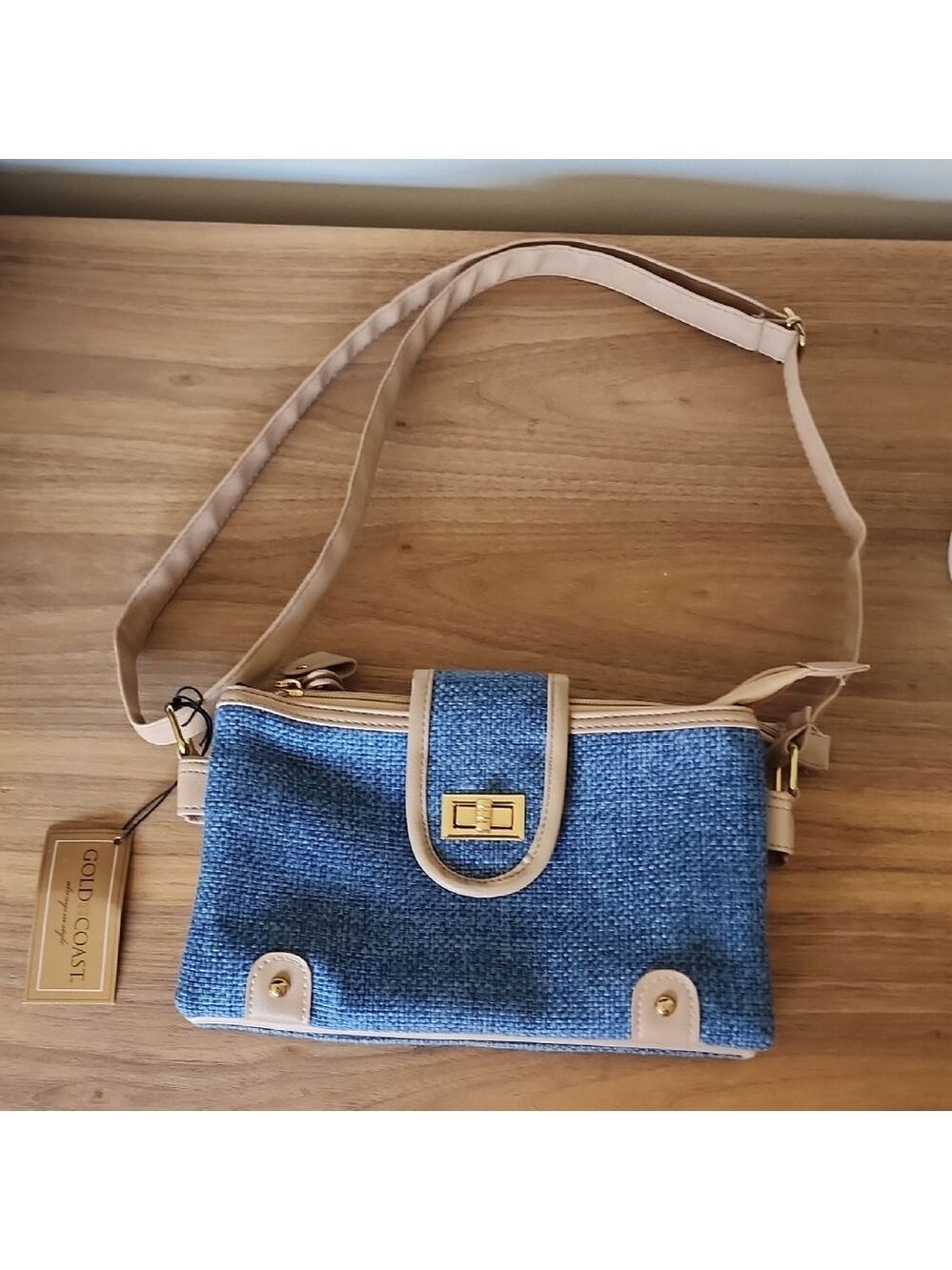 Gold Coast NWT Fabric Burlap Blue Purse CROSSBODY
